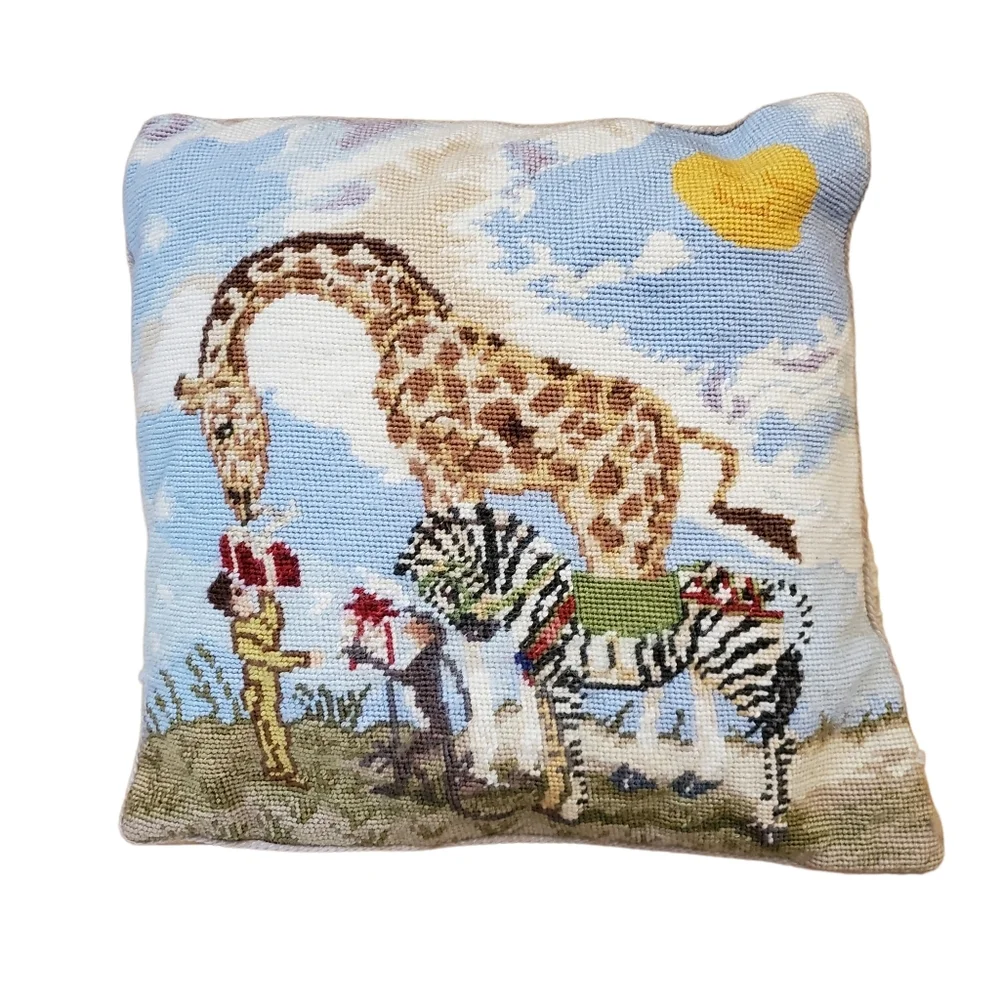 Katha Diddel Vintage Giraffe Zebra Scene Needlepoint Pillows Set Of‎ 2